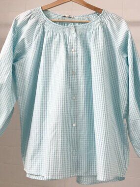 Tyler Boe Women's Top | Size L | Blue Check Smocking Puff Sleeves | 100% Cotton